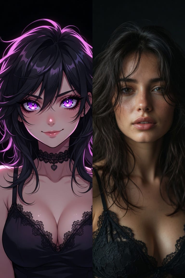 Split-screen comparison of two AI companion styles: an anime-style character with purple eyes and dark hair on the left, and a photorealistic woman with wavy dark hair on the right.