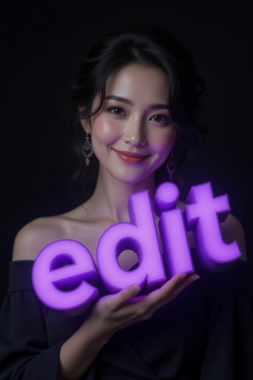 Adult AI companion character holding a glowing neon sign that reads "edit"