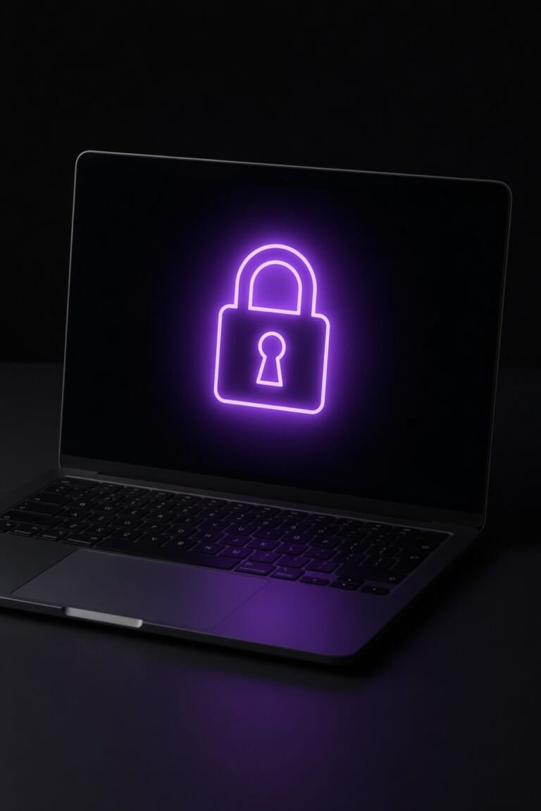 Laptop screen displaying a glowing purple padlock icon on a dark background, representing data privacy and safety on Lovescape.