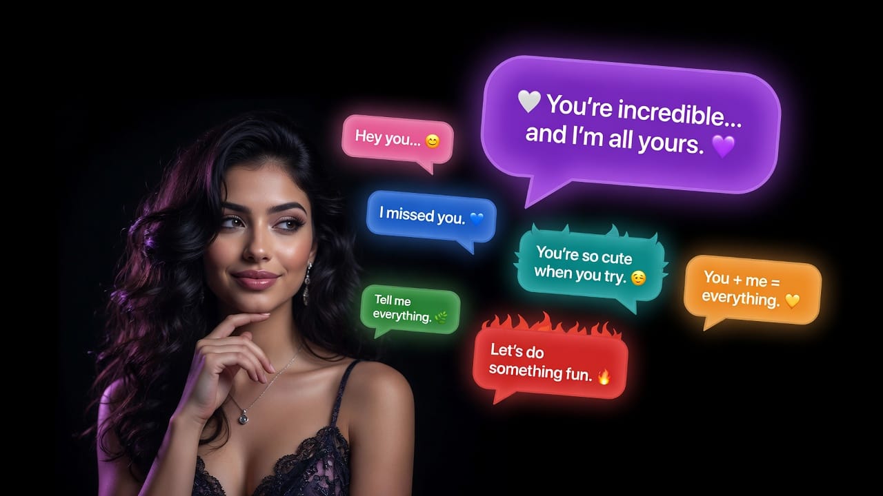 AI woman in a stylish outfit choosing between colorful speech bubbles, with a large purple speech bubble against a black background.