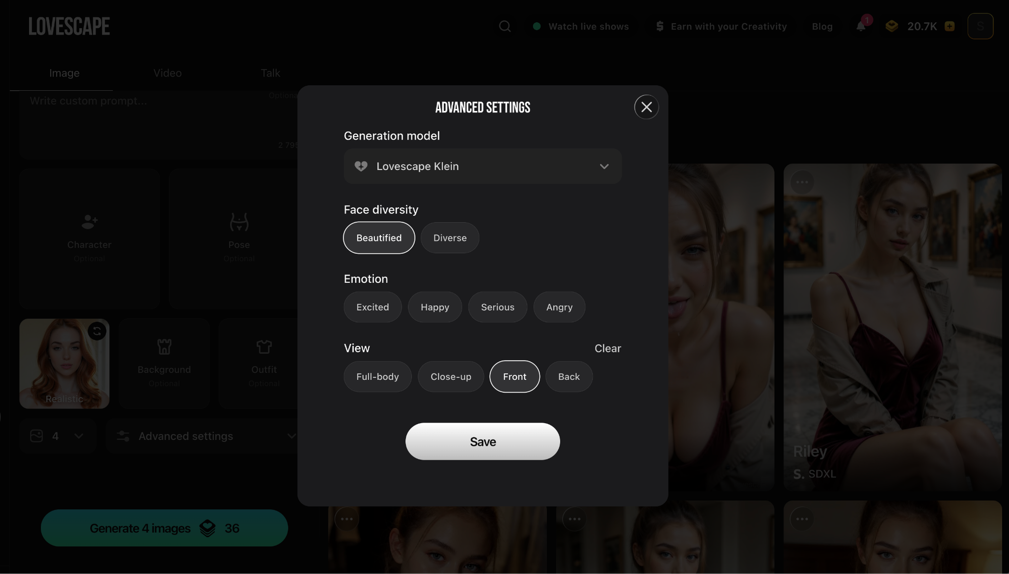 AI image generator advanced settings with face diversity, emotion and camera view controls - Lovescape
