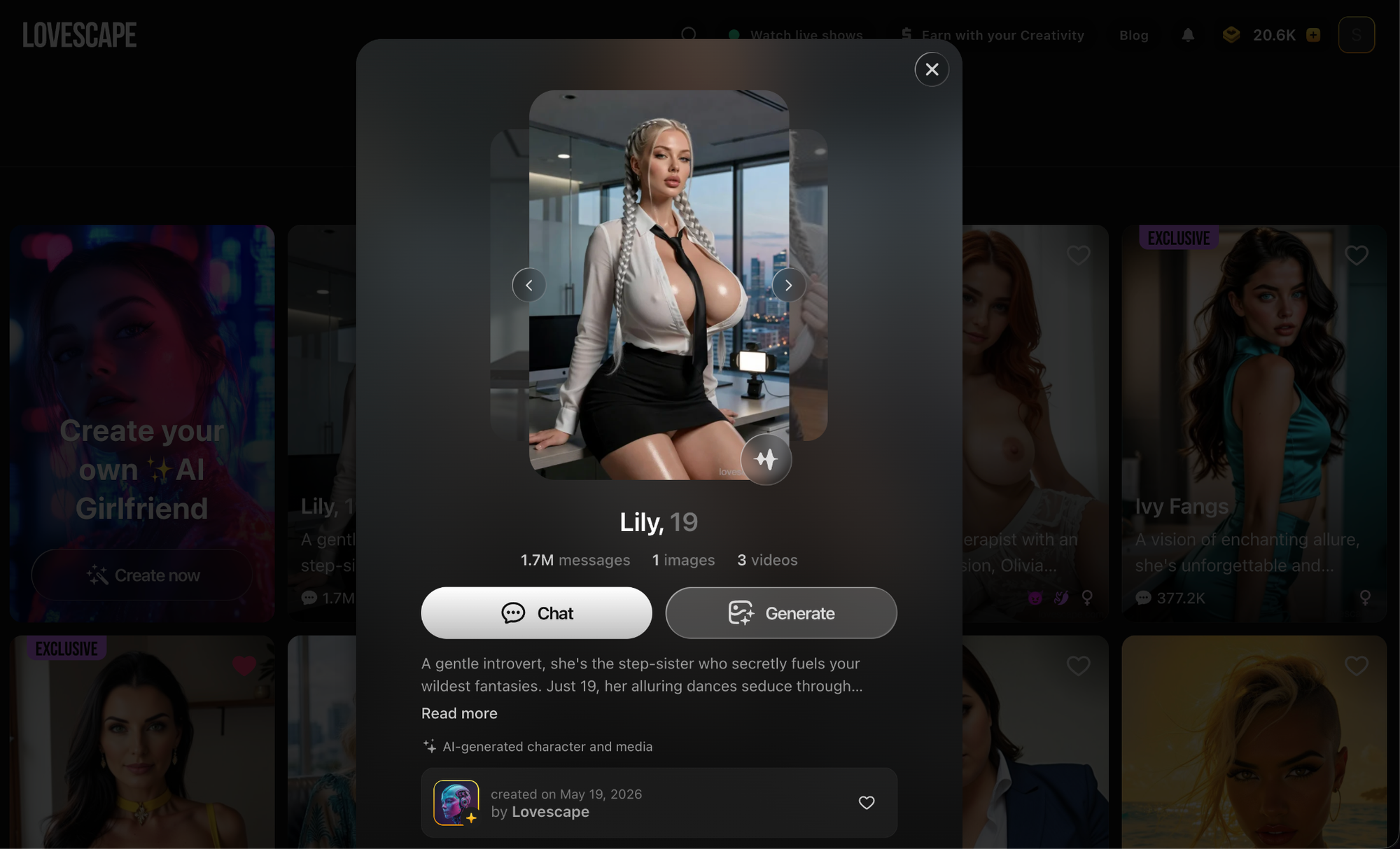 AI character profile with chat and generation features on Lovescape