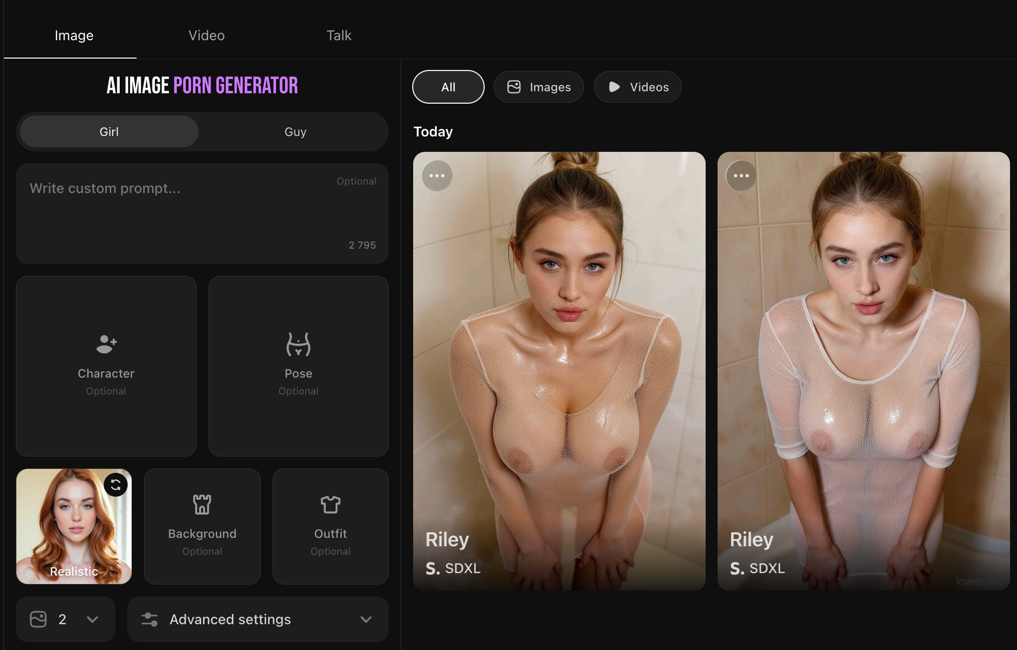 Lovescape AI porn image generator with character, pose, background and outfit controls