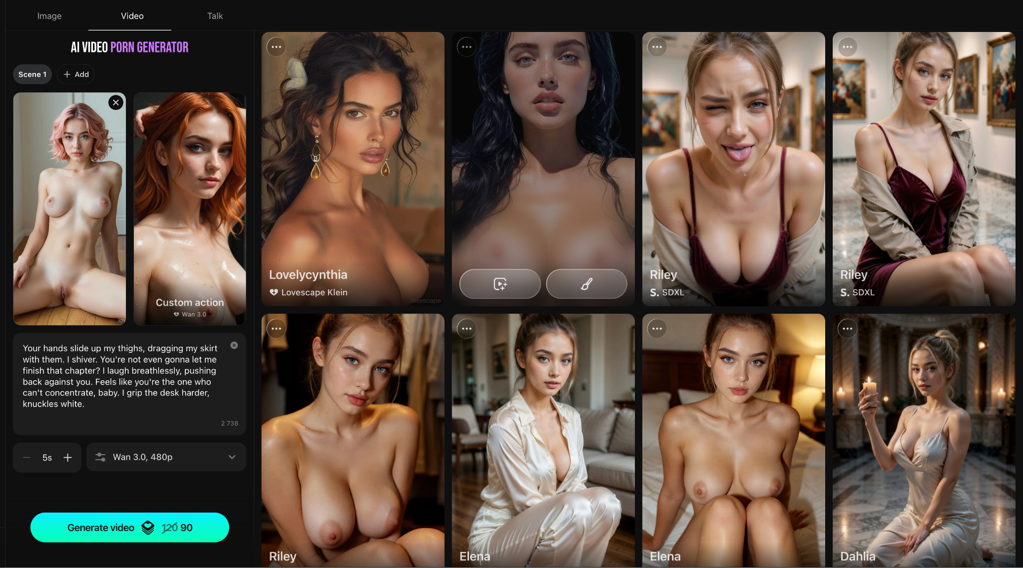 AI video generator interface with multiple adult character options and video settings - Lovescape