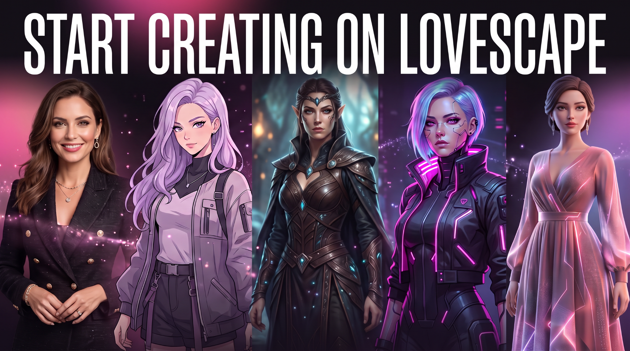 Lovescape showcases a diverse range of realistic, anime, fantasy, and cyberpunk AI characters