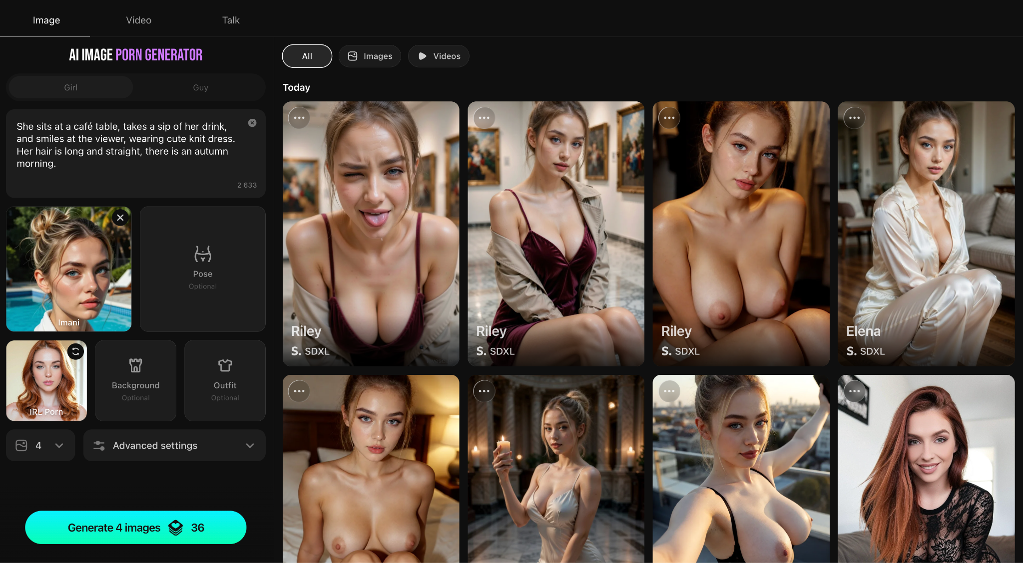 AI character image generator with prompt controls and generated adult images - Lovescape