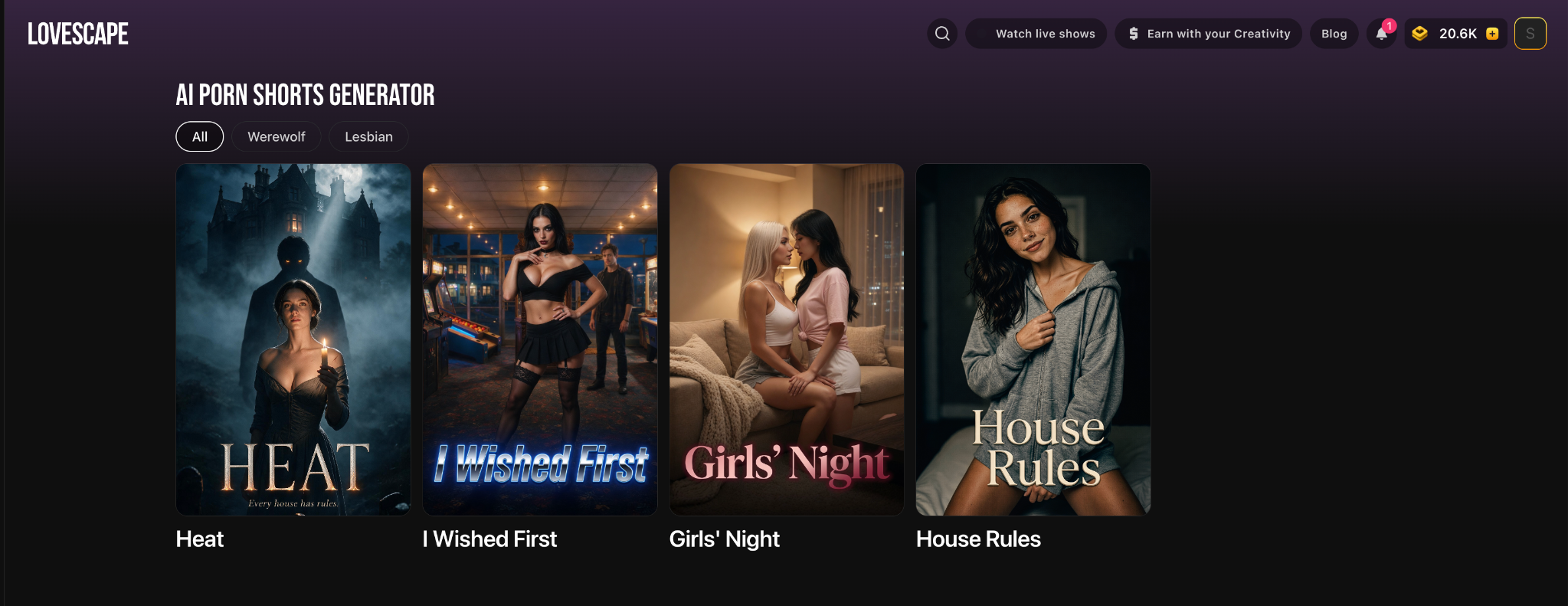 Lovescape AI porn shorts generator with short adult video series and episode selection