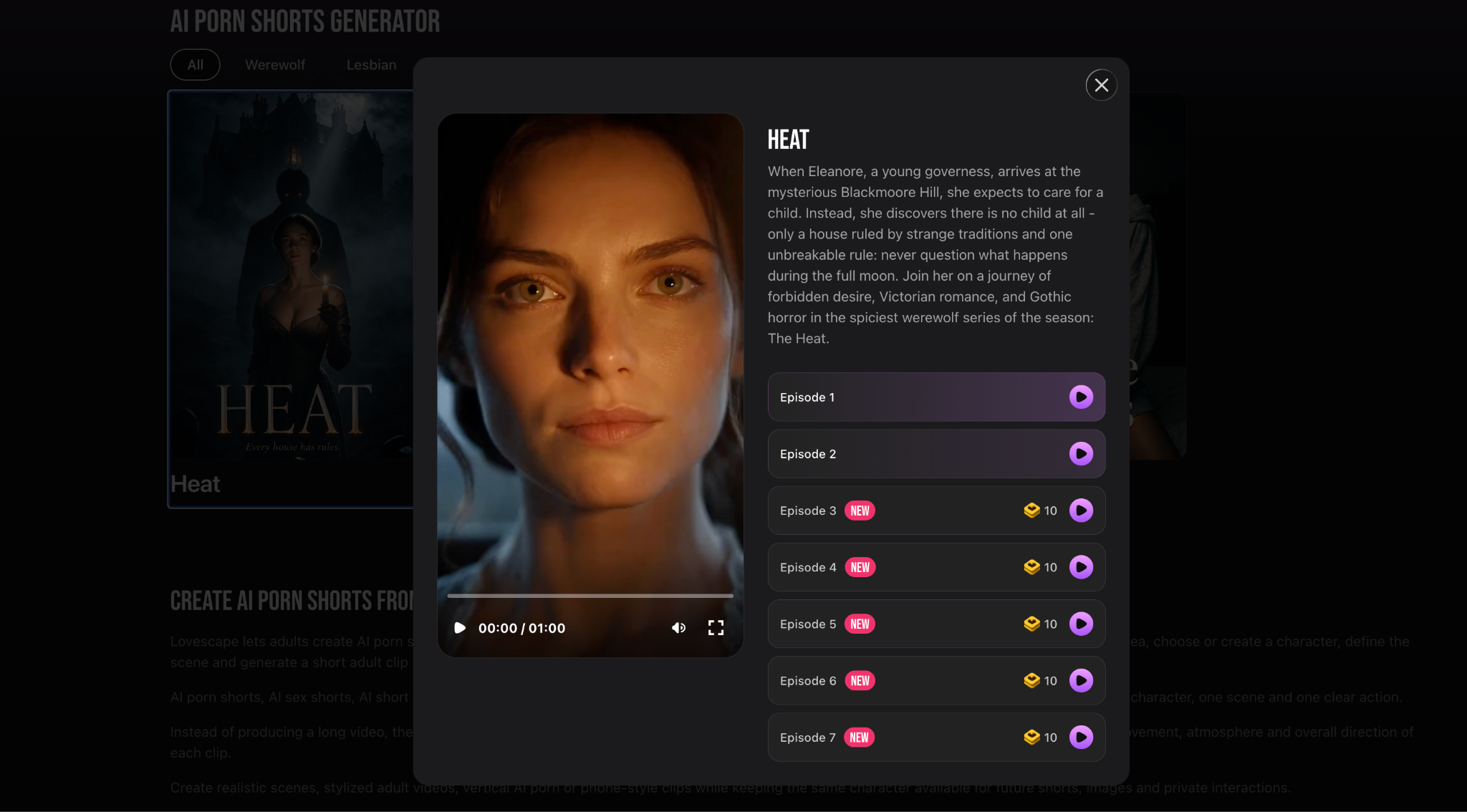 Lovescape Short AI porn video series with selectable episodes and themed scenes