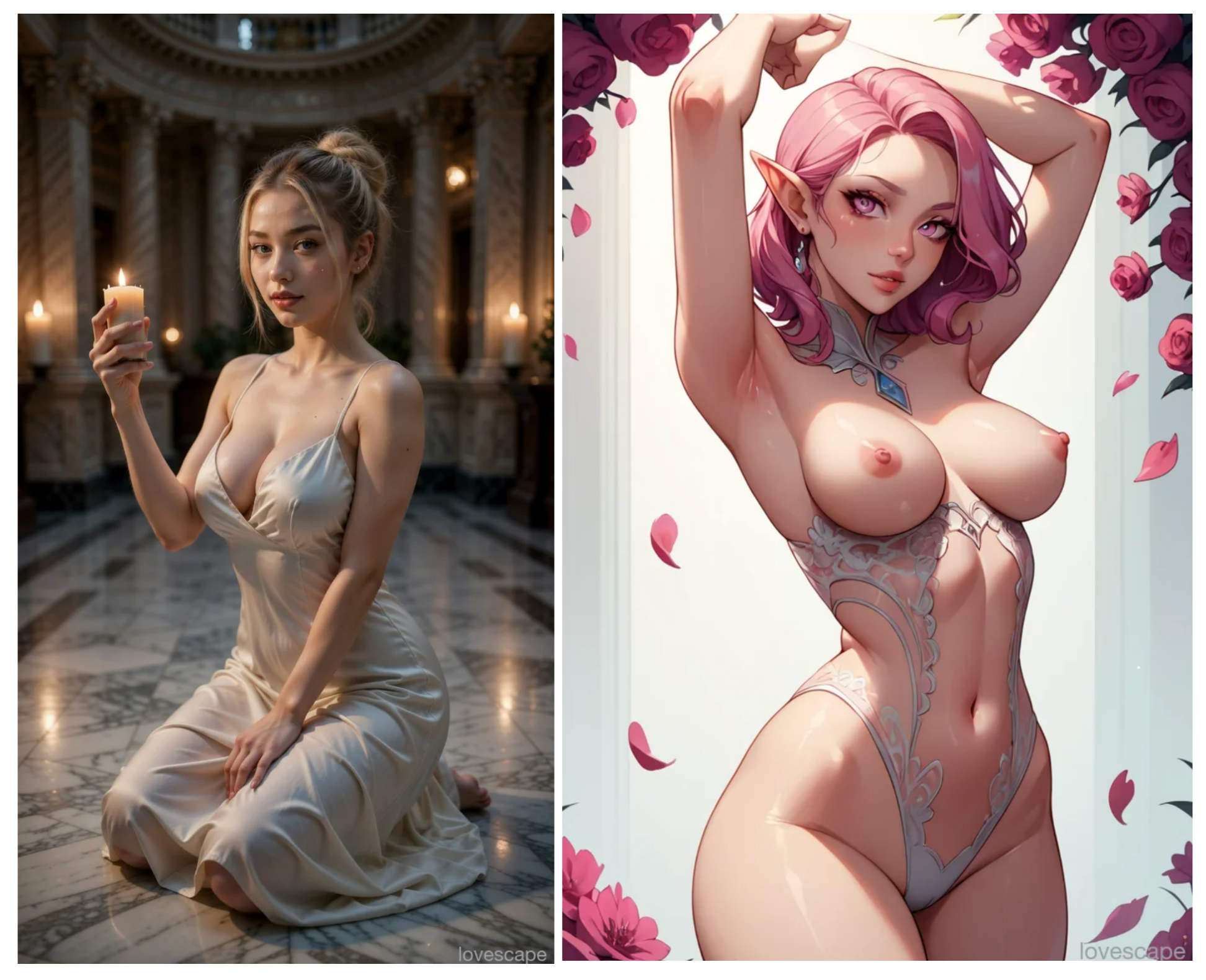 Lovescape AI-generated adult characters in realistic and anime art styles