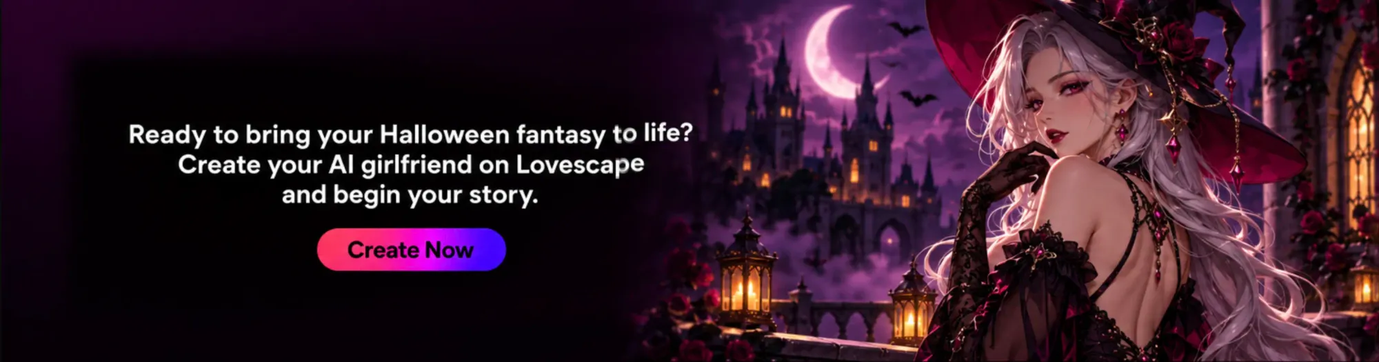 Halloween AI girlfriend with glowing pumpkins, candles, and a dark plum background - Lovescape