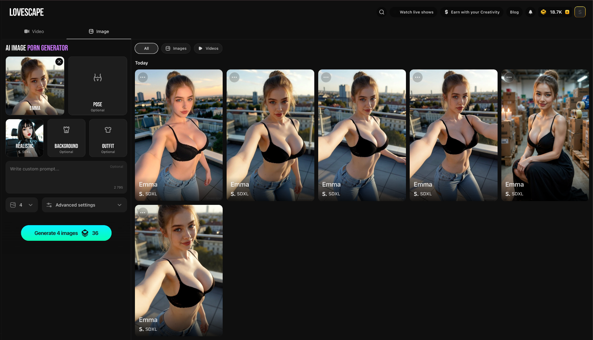 Lovescape AI image generation — custom realistic girlfriend and generated image examples