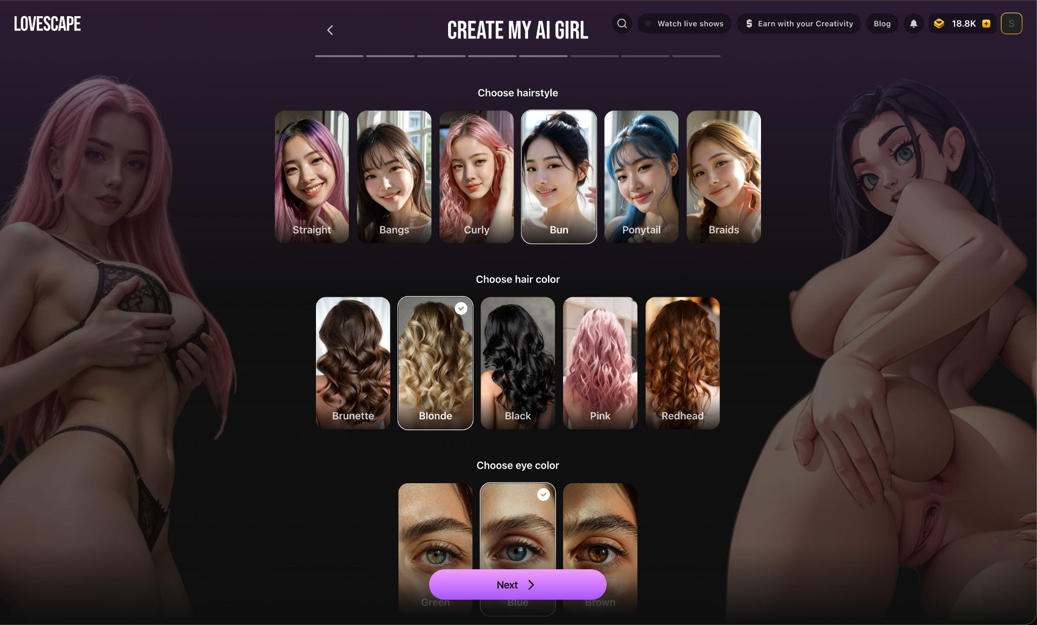 Lovescape Character appearance customization — face, hair, body, and style settings