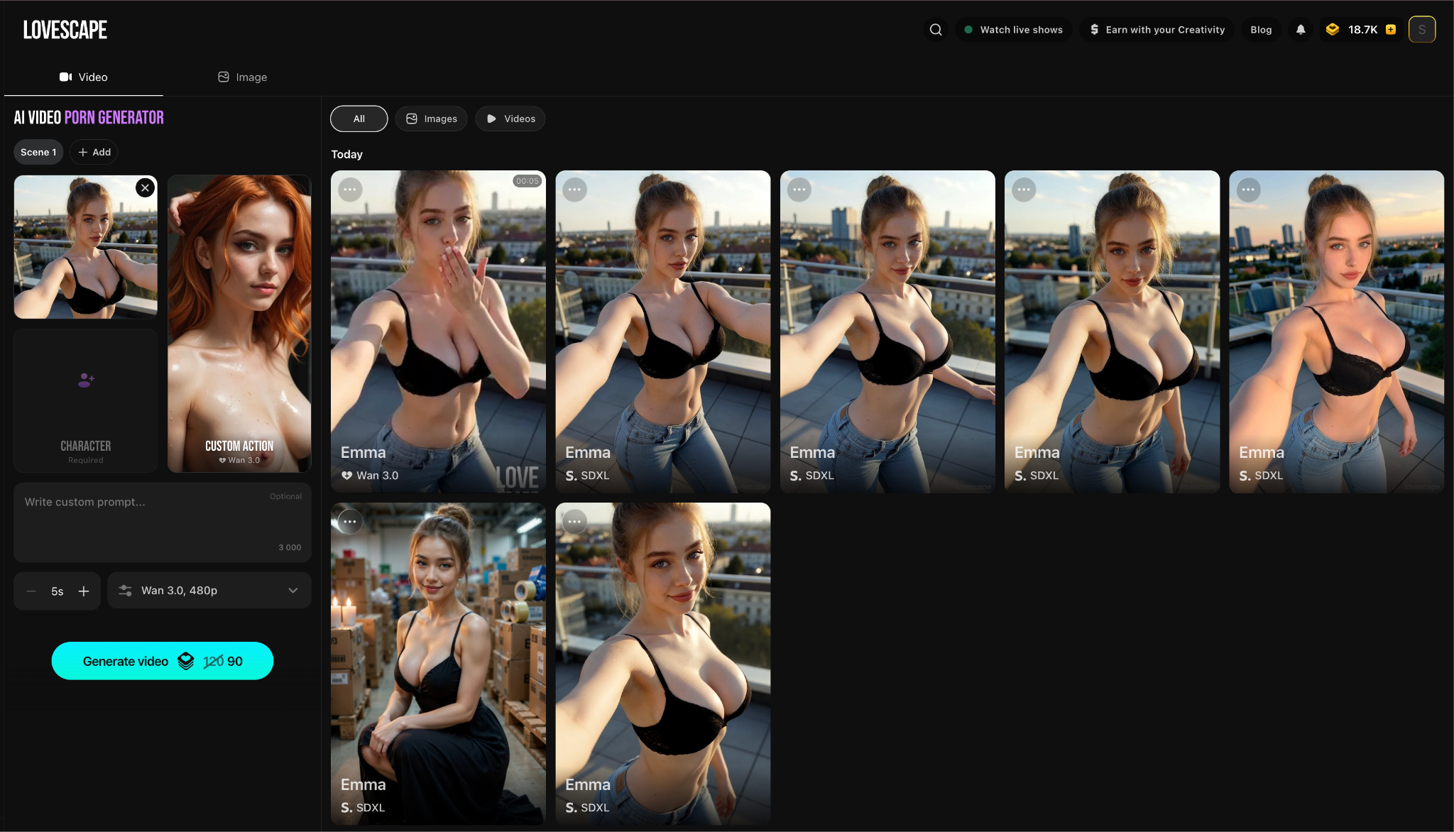 Lovescape image-to-video generator — original character image and resulting video