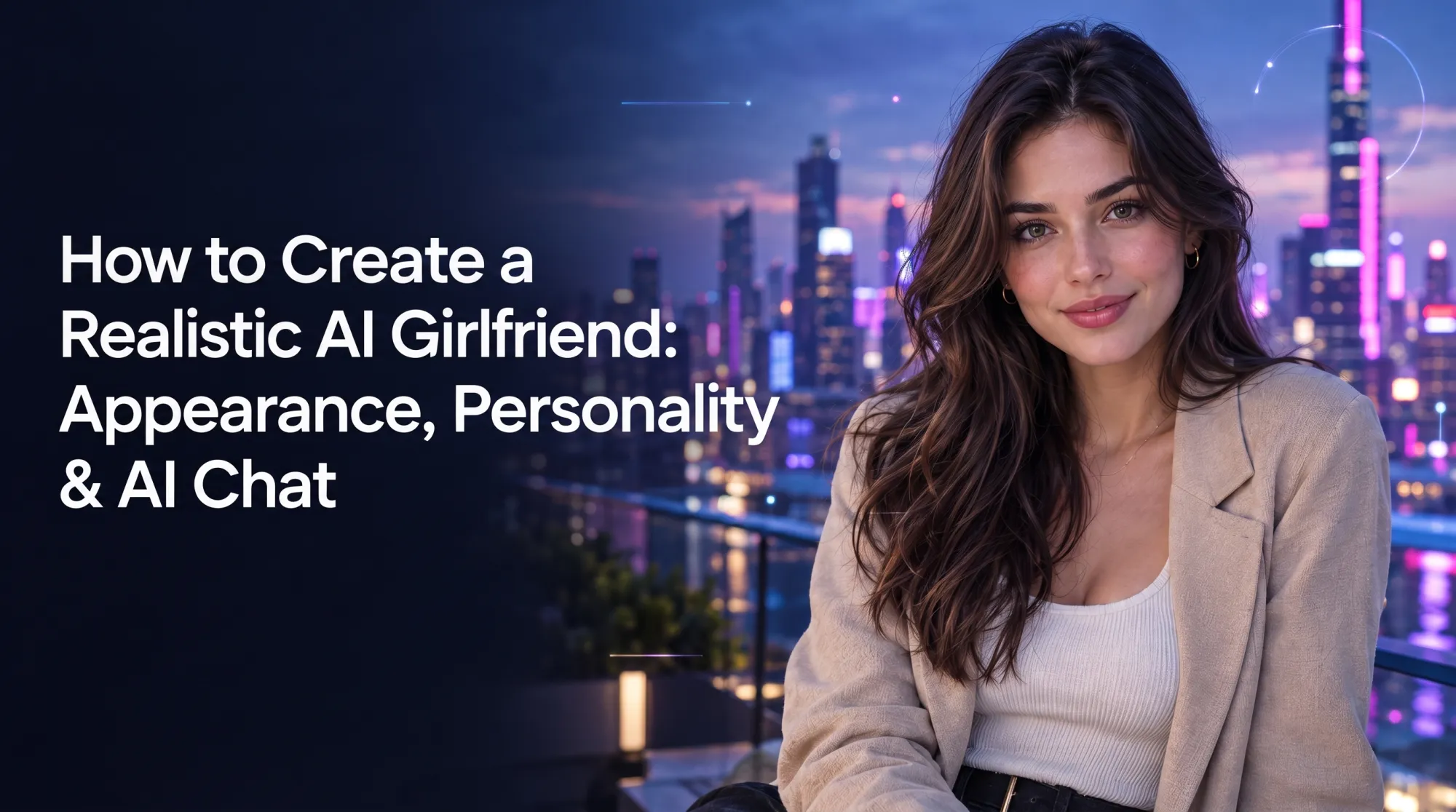 Realistic virtual girlfriend with a modern neon city in the background