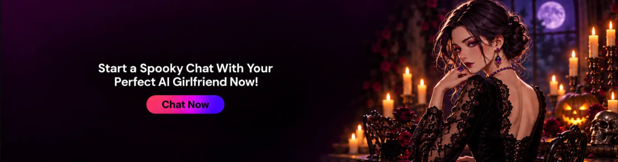 Anime witch on a moonlit castle balcony inviting users to create an AI girlfriend - Lovescape